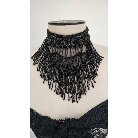 Qian Cai Woman Outfit SZ 15 Black long Elaborate Skirt Crochet Shaw Bead Choker - Picture 3 of 16